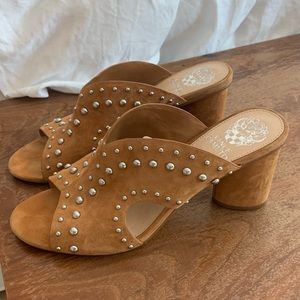 Vince Camuto Mule Sandals Camel Tan Suede Studded